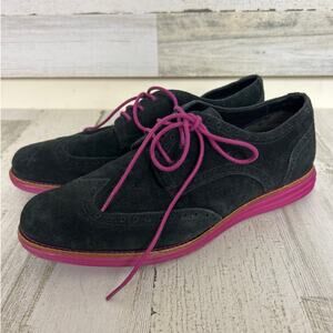 Cole Haan womens 10.5 Lunargrand black suede wingtip loafers pink lace up dress